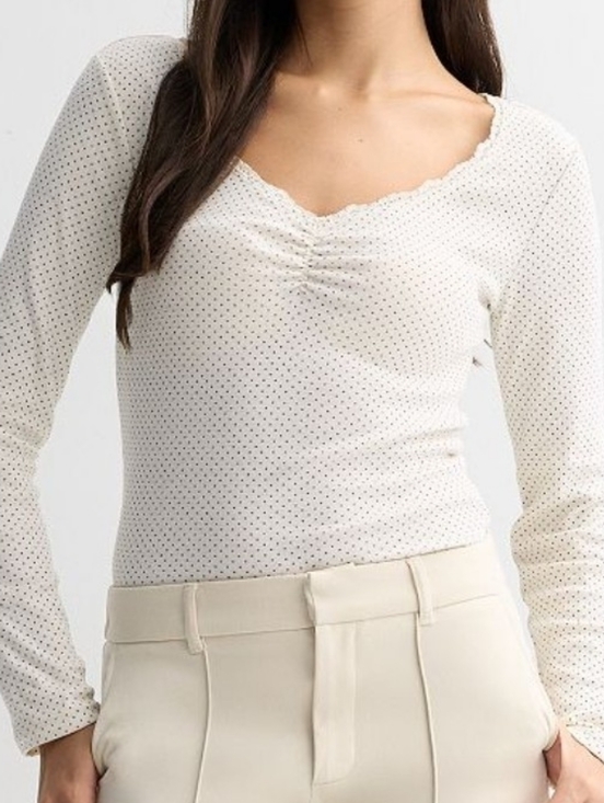 Pink Republic Tops - Pink Republic Cream Long-Sleeve Polka Dot Ruched V-Neck Top  Size XL